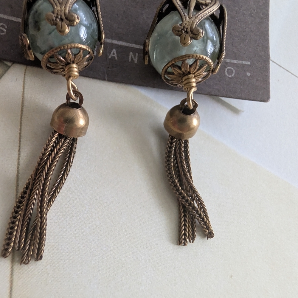 Jan Michaels of San Francisco Artisan Earring Green Glasss Stone & Brass - Picture 6 of 7